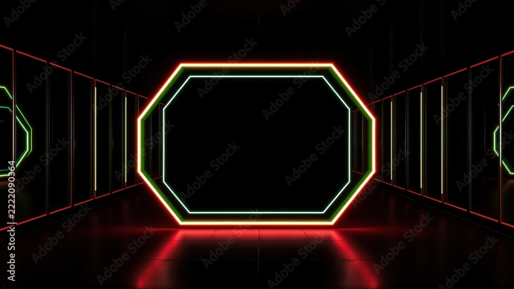 Fototapeta premium Dark room features octagonal neon lights. Reflections visible on polished floor create symmetrical perspective. Minimalist design, futuristic aesthetic.