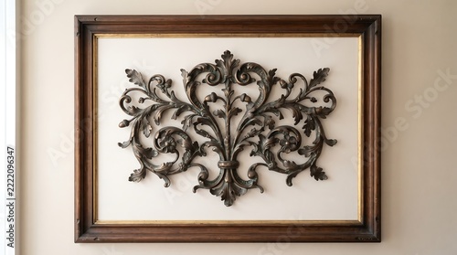 A decorative antique style wall art piece featuring an ornate metal scrollwork design in a wooden frame