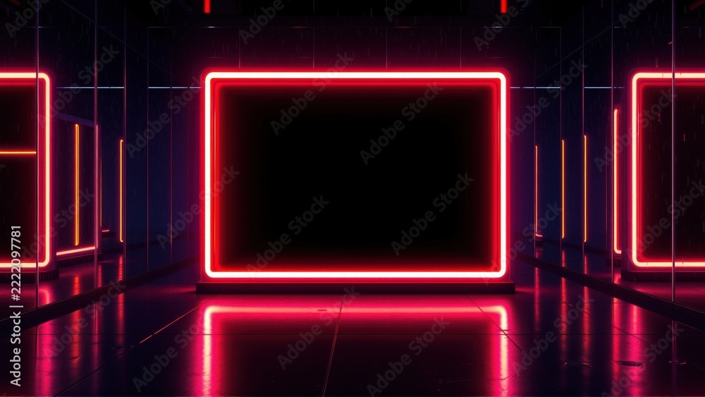 Fototapeta premium Dark room features glowing neon rectangles, creating infinite reflections. Futuristic design, vibrant pink illumination dominates space.