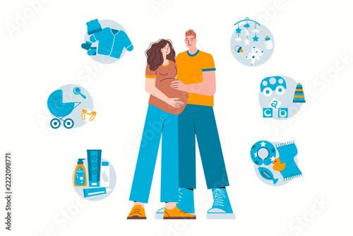 Expectant couple. Pregnant wife and husband embracing baby bump. Happy future parents preparing for newborn arrival. Maternity and family concept. Flat vector illustration on white background.