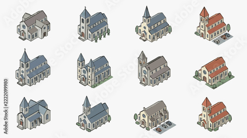 Isometric Collection of European Gothic and Romanesque Style Churches