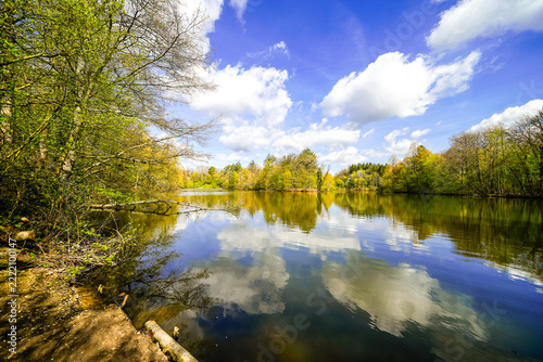 View of the Saaler Mühle recreation park and the surrounding landscape. Nature by the lake.
