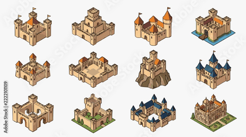 Diverse Isometric Castle Illustrations for Design Projects and Presentations