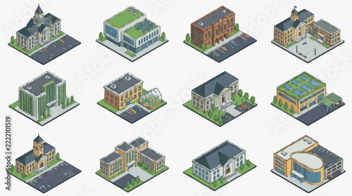 Isometric Collection of Diverse Public and Institutional Buildings with Green Roofs