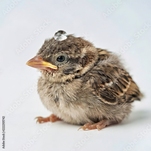 Sparrow Chick With Clear Water Droplet on Head White Background