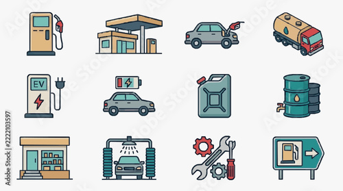 Illustrated icons depicting automotive fueling charging and maintenance services