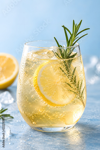 Citrus rosemary mocktail with ice and sparkling bubbles