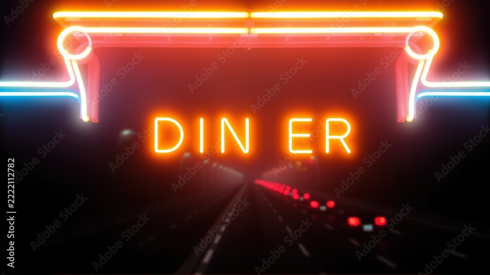 Fototapeta premium Retro diner sign glows brightly above highway. Red, orange, blue neon creates tunnel effect. Perspective emphasizes road stretching forward.