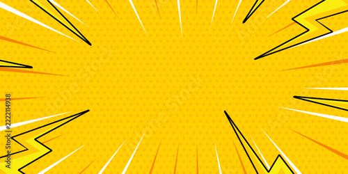 Yellow comic zoom background vector with lightning bolts and halftone pattern. Ideal for pop art poster, superhero banner, anime thumbnail, sale promo backdrop, and graphic design.