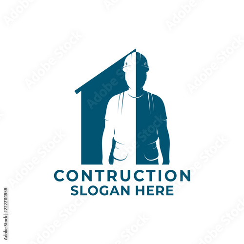 Blue Construction Worker Building Logo