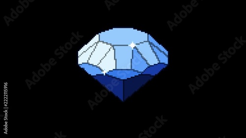 Rotating Blue Pixel Diamond Crystal with Sparkling White Star Highlights on Transparent background. Retro 8-Bit Game Animation