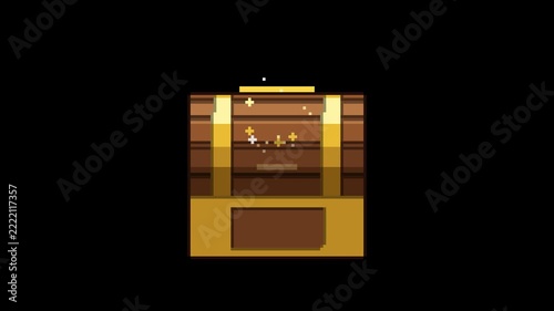 8-Bit Pixel Treasure Chest with Glowing Golden Light and Rotating Wooden Box on Transparent background. Retro Game Animation