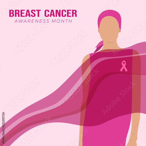 Breast cancer awareness month vector illustration with woman and pink ribbon. Awareness, support, solidarity, empowerment, hope concept.
