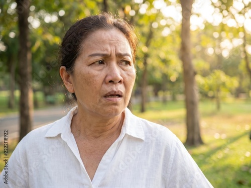 An Asian senior woman looks concerned and confused while standing in a park during the soft golden hour sunlight