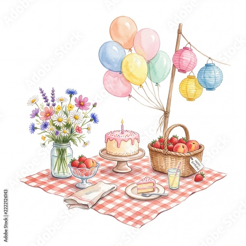 Watercolor Birthday Picnic with Cake Balloons and Flowers