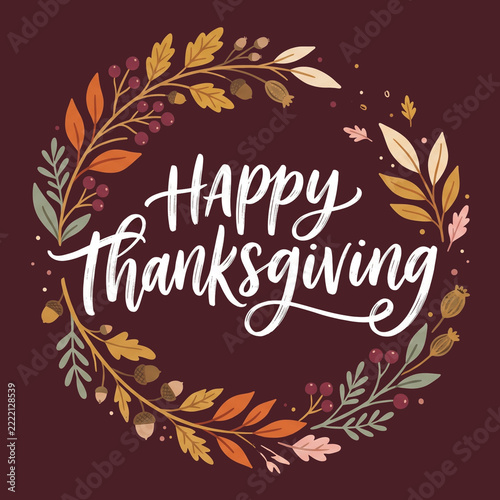 Happy Thanksgiving Wreath Calligraphy Vector Illustration Badge