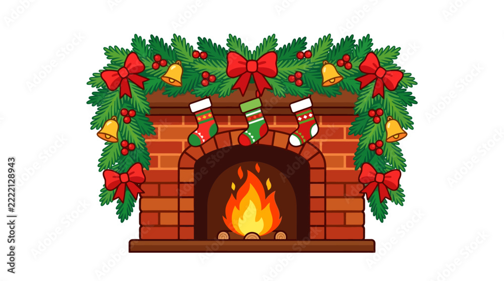 Fototapeta premium Festive Christmas brick fireplace with green garland, red ribbons and stockings. Burning fire vector illustration for holiday card backgrounds isolated on White Background editable file eps