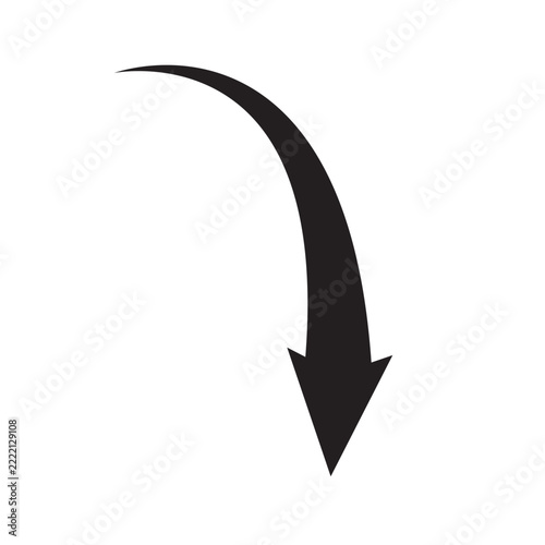 Curved Down Arrow Icon. Bold vector symbol featuring a sweeping downward direction for navigation, movement and directional guidance