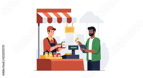 Modern Mobile Payment Concept: Customer Paying with Smartphone at Small Business Food Stall or Market Shop
