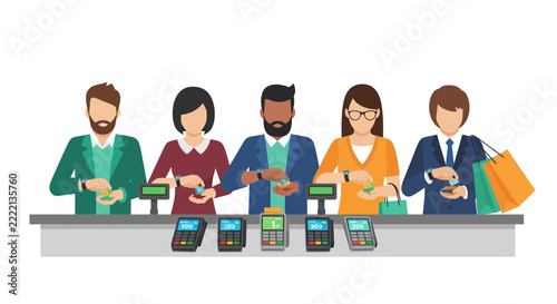 Diverse Customers Using Smartwatches for Contactless Payments at Retail Checkout Counter Illustration