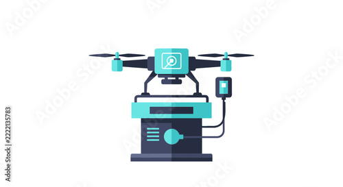 Flat Vector Illustration of a Drone Charging Station and Industrial UAV for Smart Logistics and Automation