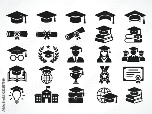 Graduation and Education Icons Set Academic Achievement, Diploma, Learning Student Symbols