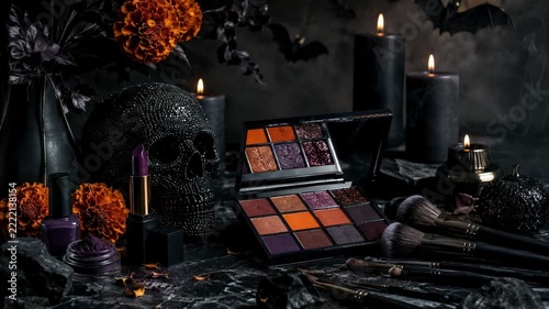 Halloween makeup palette with skull decor, cosmetics and marigolds. Fantasy beauty and costume styling. Seasonal party preparation. Gothic still life.