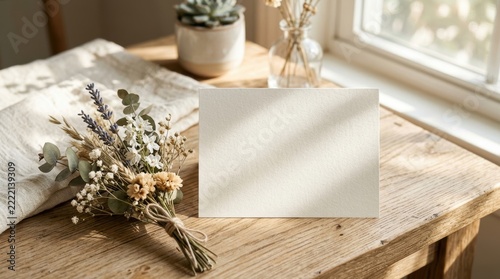 Blank card with dried flowers and potted plants on wooden table near window