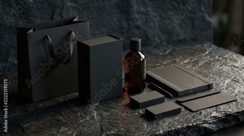 Minimalist luxury product display with black packaging and amber bottle on stone surface
