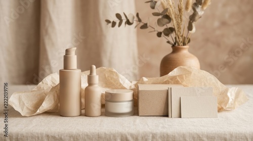 Minimalist skincare products arranged on a soft beige tablecloth with dried eucalyptus