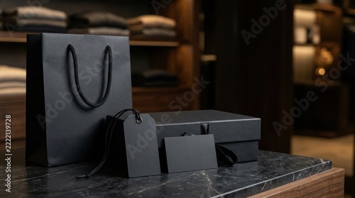 Black shopping bag and gift box on marble counter in luxury store