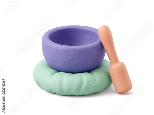 Lavender Tibetan Singing Bowl with Mint Cushion and Peach Wooden Striker 3D Clay Icon
