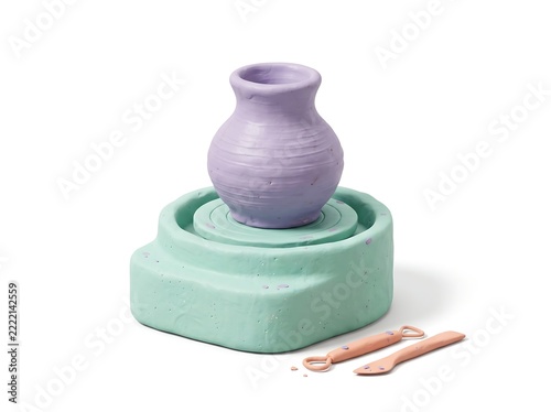 Lavender Pottery Vase on Mint Potter’s Wheel with Peach Clay Modeling Tools 3D Icon