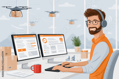 Man works at desk with dual monitors and headset. Drones hover above boxes in background. He smiles calmly, focused on digital screens. Office setting suggests logistics or delivery coordination