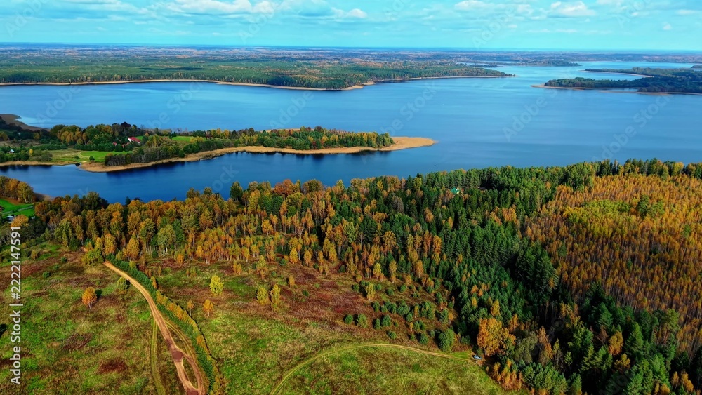 Naklejka premium Aerial view of autumn forest stretching along riverbanks with vibrant foliage and waterways
