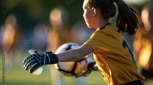 Faceless soccer girl playing as a goalie, youth female football team playing a tournament match, with copy space
