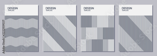 Set of flyers, posters, banners, placards, brochure design templates A6 size. Graphic design templates with black vertical stripes, lines. Wavy texture. Diagonal stripes. Vector striped backgrounds.
