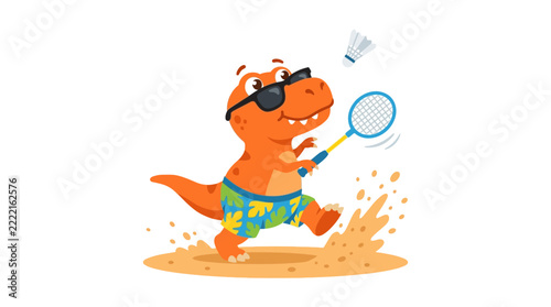 Cartoon dinosaur playing badminton on beach