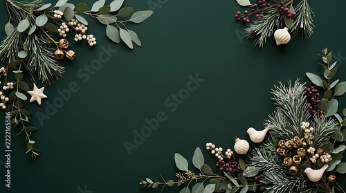 A festive and elegant christmas background with natural elements and a dark green color scheme