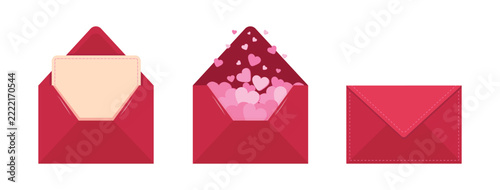 Red mail envelopes set vector illustration with open, closed and flying hearts designs for valentines day love letter