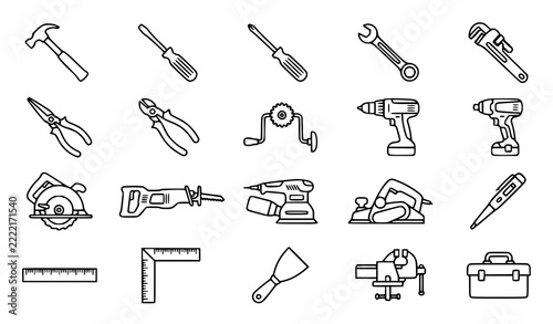 DIY Home Improvement and Repair Tools Outline Vector Icon Collection