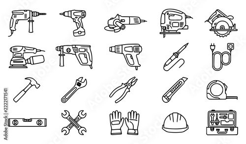 Home Maintenance and Electric Power Tools Black Line Vector Icons