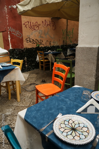 Outdoor Restaurant Seating with Colorful Chairs