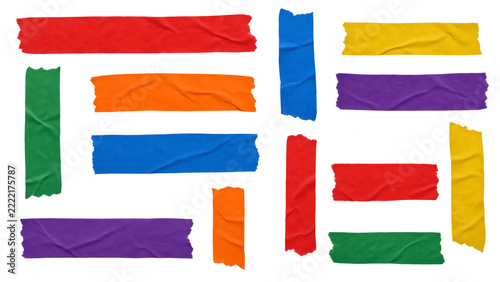 Colorful paper tape strips in red, orange, blue, yellow, purple and green. Solid color masking tape pieces with torn edges and wrinkles, bright sticker labels for scrapbook, planner. Image set