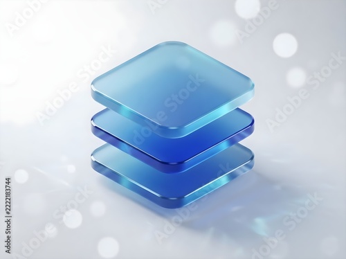 Stacked blue glassmorphism square plates with glossy transparent finish on a clean light background with soft bokeh lights