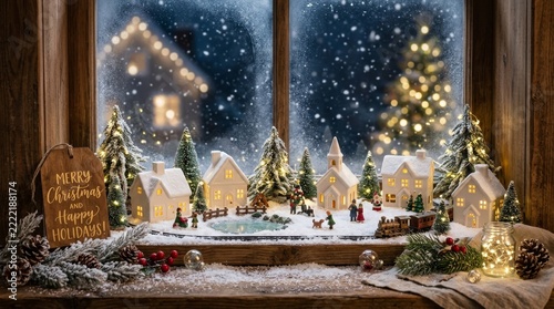 Miniature Christmas Village Display on a Windowsill with Snow Covered Houses