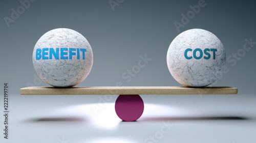 Balance scale with spheres labeled benefit and cost conceptual composition