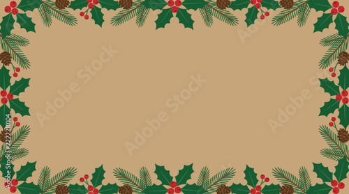 Vintage Christmas holly border on kraft paper background, festive winter floral frame with pine needles and red berries, holiday botanical vector