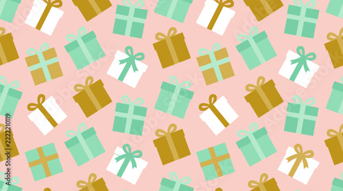 Pastel gift box seamless pattern, festive holiday presents background vector, cute birthday celebration wrapping paper with gold and mint boxes