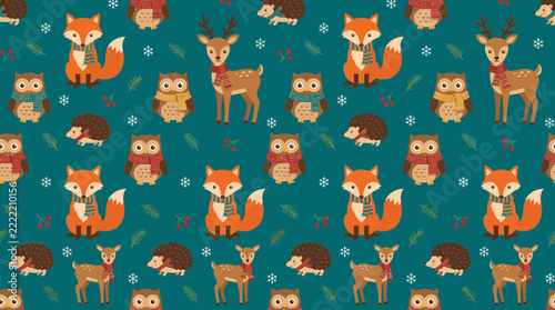 Christmas tree seamless pattern on dark green background, festive winter forest holiday wallpaper, decorative evergreen fir tree vector illustration